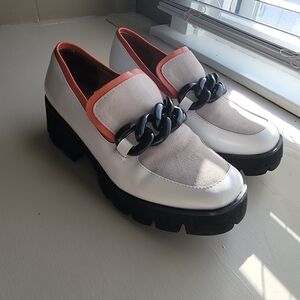 Elegant Women's White and Black Loafers with Chain Accent